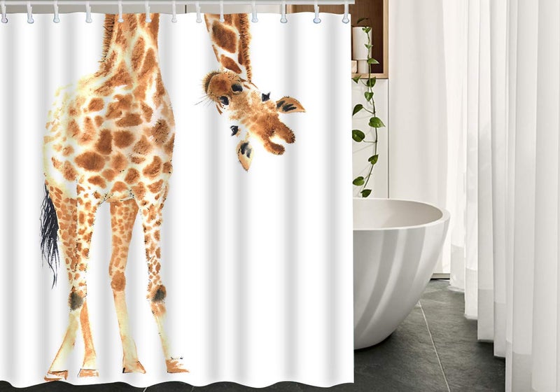 Moslion Giraffe Bathroom Shower Curtain Wild Animal Watercolor Giraffe Brow White Feather Shower Curtains Home Decorative Waterproof Polyester Fabric Shower Curtain with Hooks 72x72 Inch - Image 2
