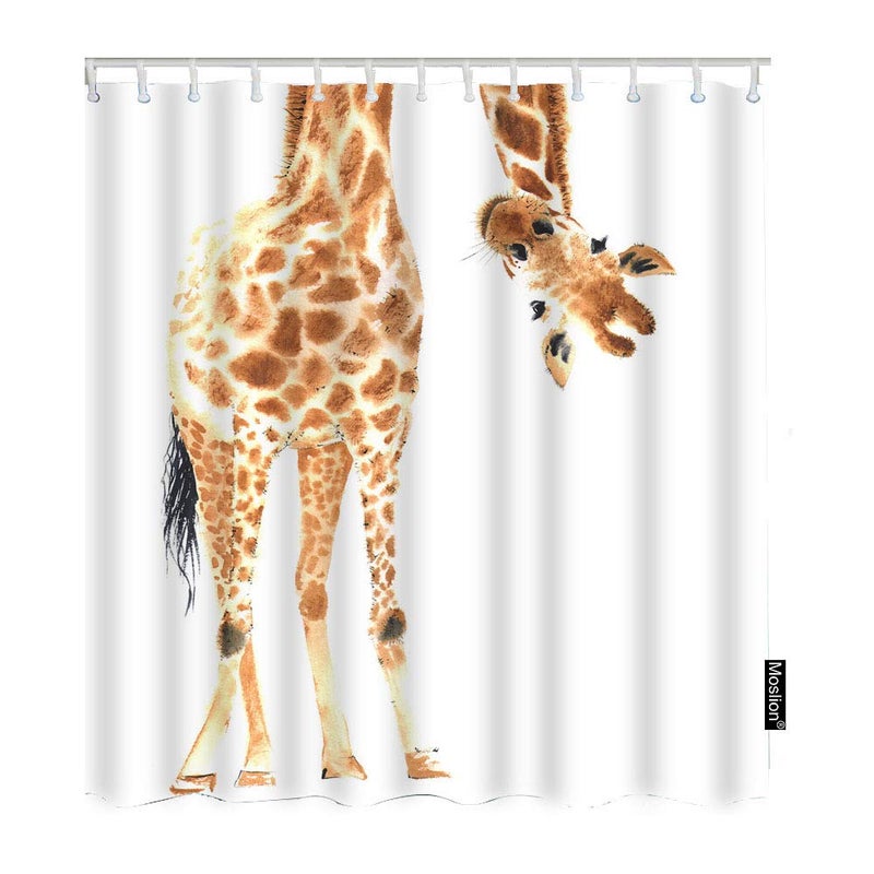 Moslion Giraffe Bathroom Shower Curtain Wild Animal Watercolor Giraffe Brow White Feather Shower Curtains Home Decorative Waterproof Polyester Fabric Shower Curtain with Hooks 72x72 Inch - Image 1