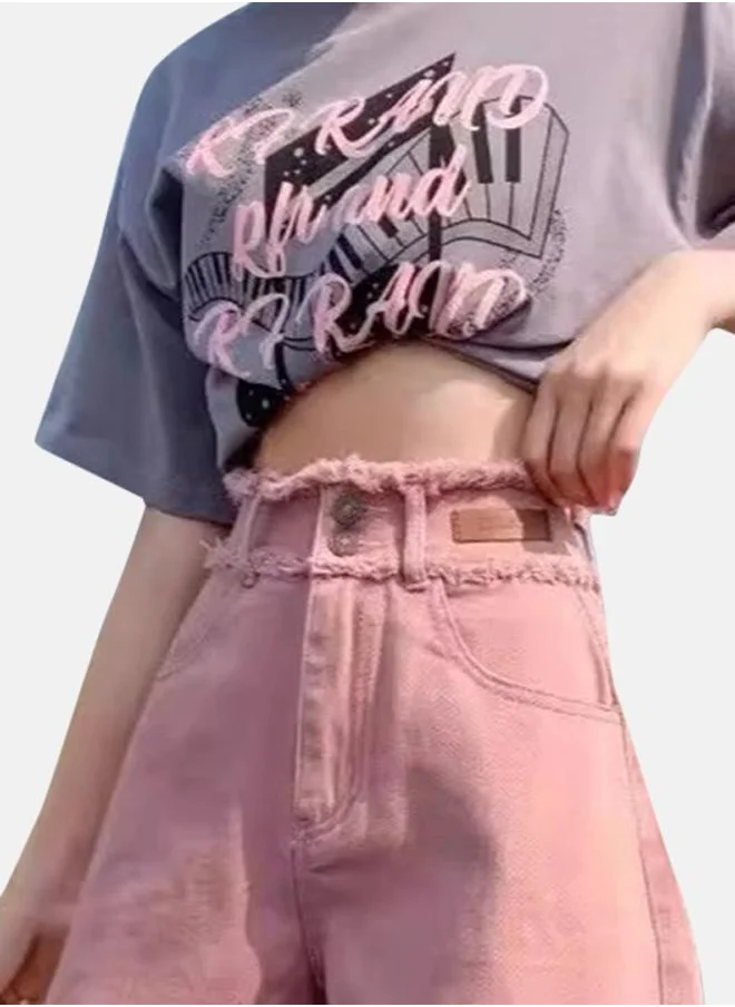 YUNIQEE Pink Slim Fit High-Rise Denim Shorts
