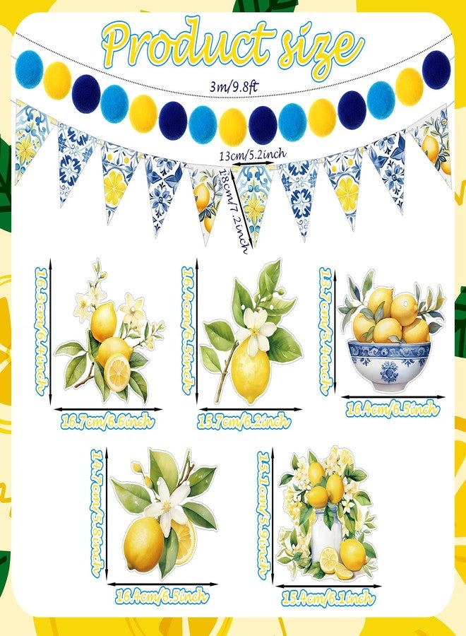 Feifeiya 5 Pcs Capri Lemon Happy Birthday Banner Summer Triangle Italy Blue Tiles Lemon Bunting Banners Hanging Felt Ball Garland Colorful Pom Pom Garland for Lemon Birthday Party Supplies Decorations - Image 2