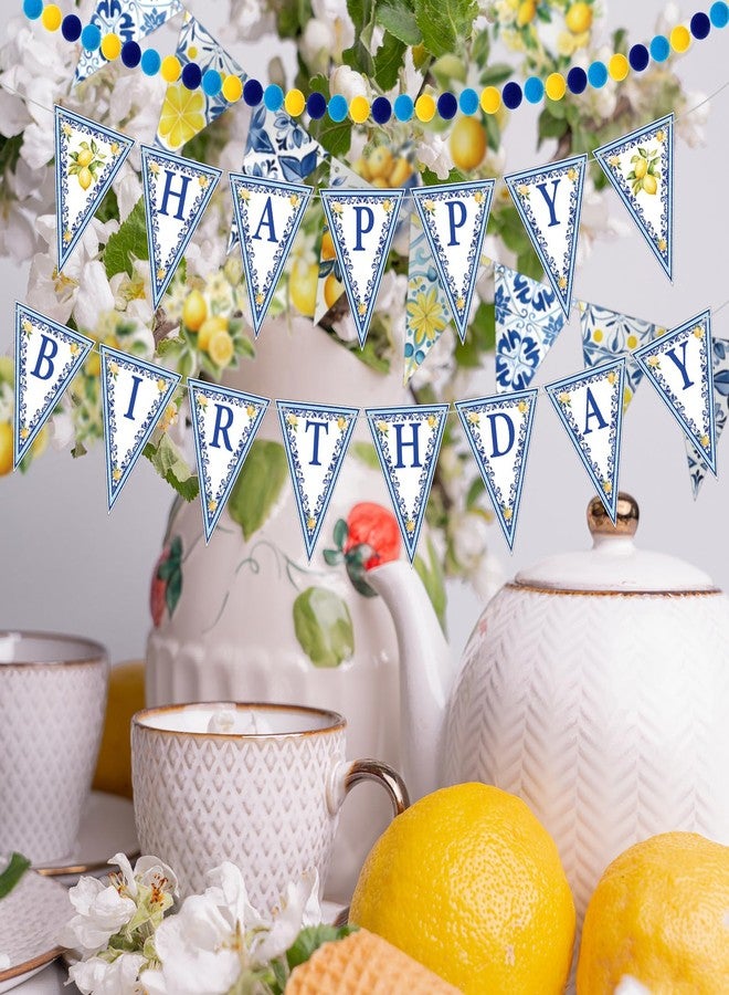 Feifeiya 5 Pcs Capri Lemon Happy Birthday Banner Summer Triangle Italy Blue Tiles Lemon Bunting Banners Hanging Felt Ball Garland Colorful Pom Pom Garland for Lemon Birthday Party Supplies Decorations - Image 4