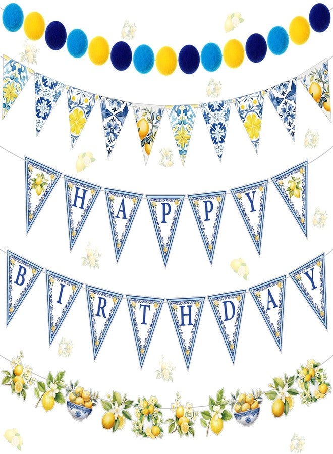Feifeiya 5 Pcs Capri Lemon Happy Birthday Banner Summer Triangle Italy Blue Tiles Lemon Bunting Banners Hanging Felt Ball Garland Colorful Pom Pom Garland for Lemon Birthday Party Supplies Decorations - Image 1