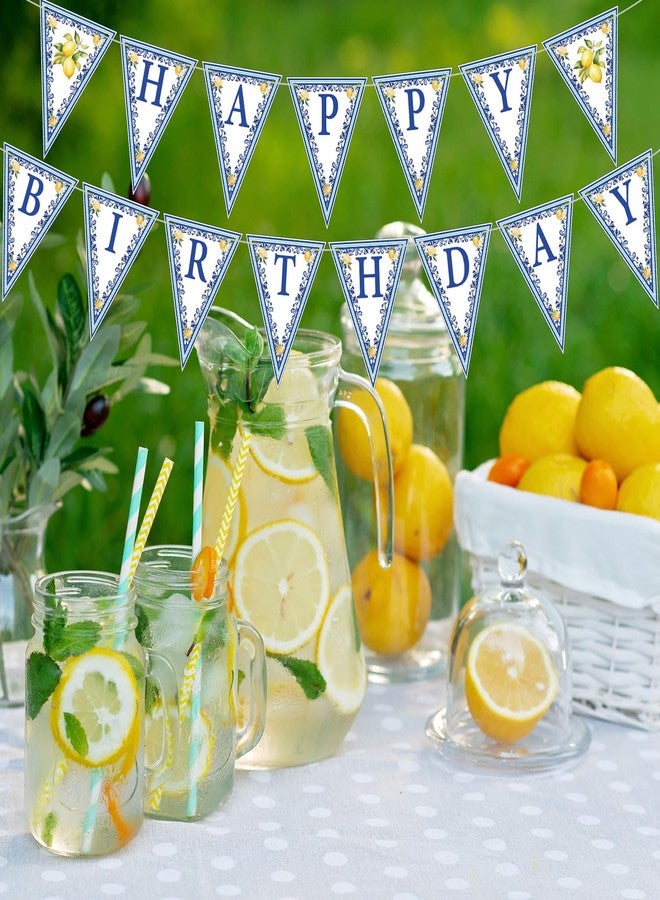 Feifeiya 5 Pcs Capri Lemon Happy Birthday Banner Summer Triangle Italy Blue Tiles Lemon Bunting Banners Hanging Felt Ball Garland Colorful Pom Pom Garland for Lemon Birthday Party Supplies Decorations - Image 5