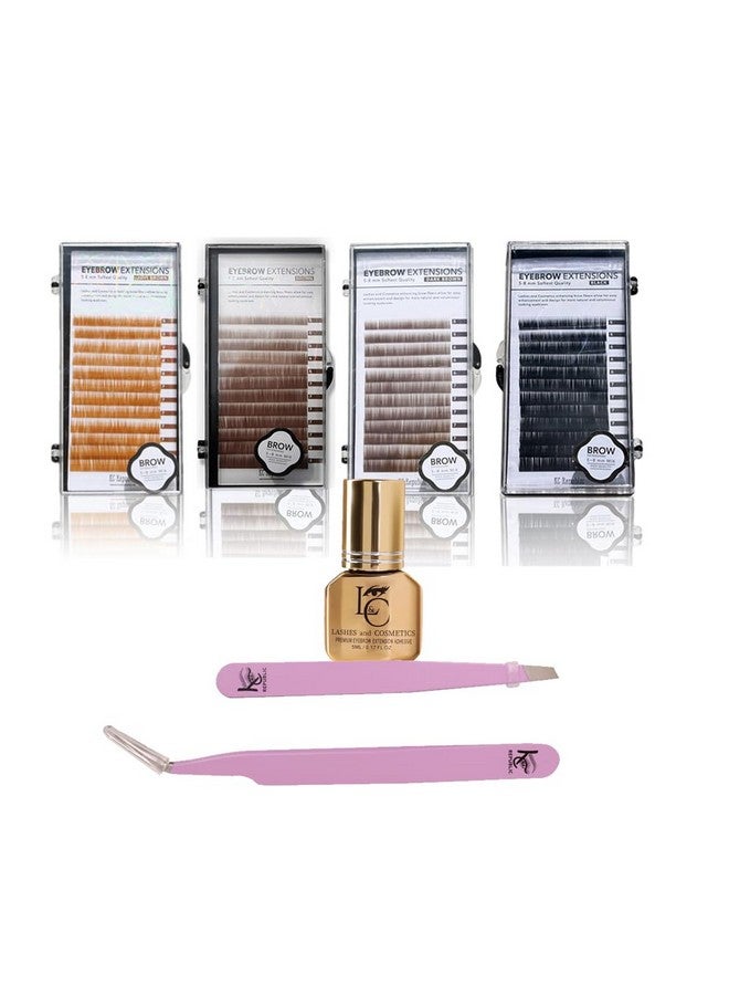 KC Republic Eyebrow Extensions Premium Kit With 4 Trays Of Mink Eyebrows In Light Brown Brown Dark Brown Black Comes On Mixed Length Trays 58 Mm Mix Eyebrow Premium Glue & Extension Tweezers - Image 1