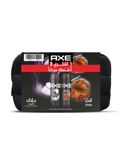 صفقة أكس طقم بخاخ معطر للجسم للرجال مع شنطة مجانية - عرض 1+1: أكس بلاك نايت بخاخ معطر للجسم 150 مل + أكس ليذر آند كوكيز بخاخ معطر للجسم 150 مل، رائحة تدوم حتى 48 ساعة على Noon EG