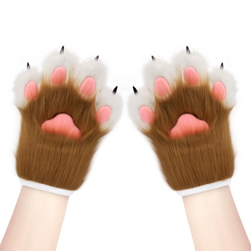 hbbhml Faux Fur Plush Furry Cat Claw Gloves Fursuit Animal Fox Paws Mittens Halloween Cosplay Costume Accessories for Adult - Image 2