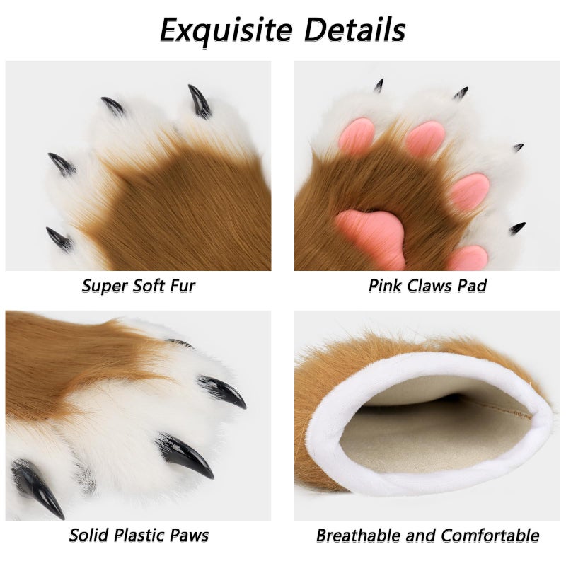 hbbhml Faux Fur Plush Furry Cat Claw Gloves Fursuit Animal Fox Paws Mittens Halloween Cosplay Costume Accessories for Adult - Image 4
