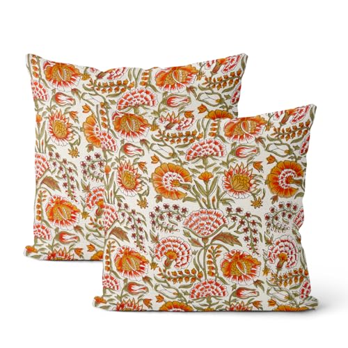 DAFENA Boho Pillow Covers 18x18 Inch 2 Pcs Fall Burnt Orange Yellow Green Vintage Floral Decor Throw Pillows Spring Flower Summer Outdoor Farmhouse Decoration Pillowcase Cushion Cover for Couch Sofa - Image 1