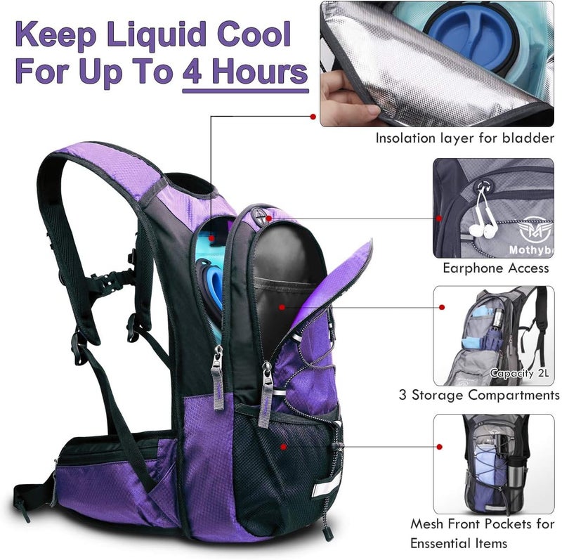 Mothybot Hydration Pack, Insulated Hydration Backpack with 2L BPA Free Water Bladder and Storage, Hiking Backpack for Men, Women, Kids for Running, Cycling, Camping - Keep Liquid Cool up to 5 Hours - Image 1