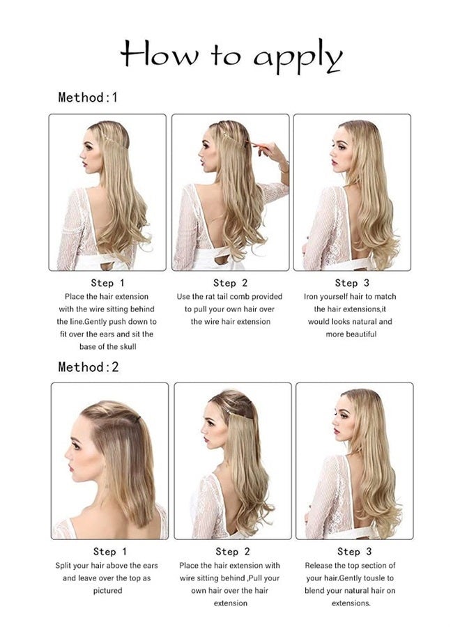 SARLA Invisible Wire Hair Extensions Ombre Brown to Golden Wavy Curly Short Hairpiece Synthetic 14 Inch Adjustable Headband for Women No Clip