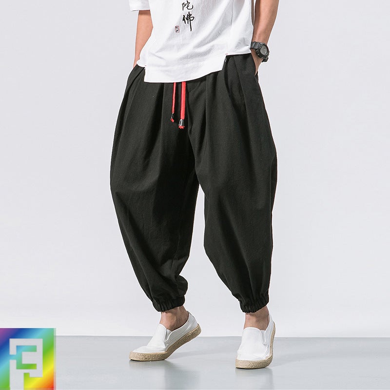 Summer New Mens Linen Bloomers Loose Cotton and Linen Ankle Pants plus size Trendy Wide Leg Pants Harlan Small Leg Pants Dark green - Image 3