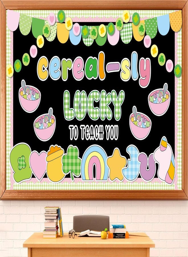 ojustbeok St. Patrick's Day Bulletin Board Decoration Cereal-Sly Lucky to Teach You Cutouts Classroom Bulletin Board Decoration Shamrock Clover Rainbow Gold Coin Cut Outs for Irish Holiday Chalkboard Wall Decor - Image 1