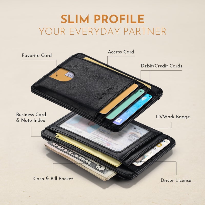 Buffway Slim Minimalist Front Pocket RFID Blocking Leather Wallets for Men and Women - Slate Black - Image 3