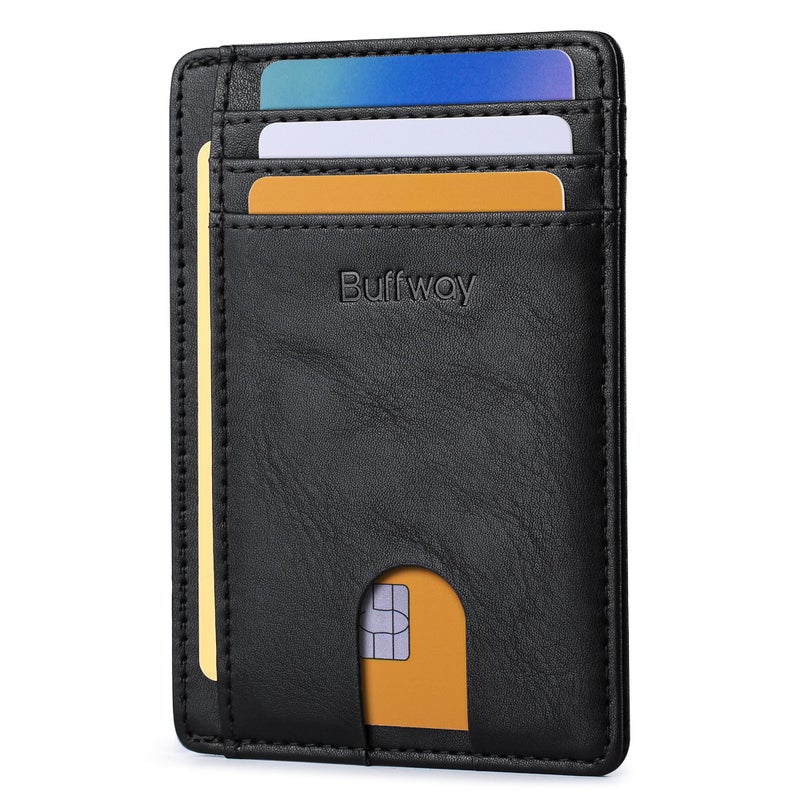 Buffway Slim Minimalist Front Pocket RFID Blocking Leather Wallets for Men and Women - Slate Black - Image 1