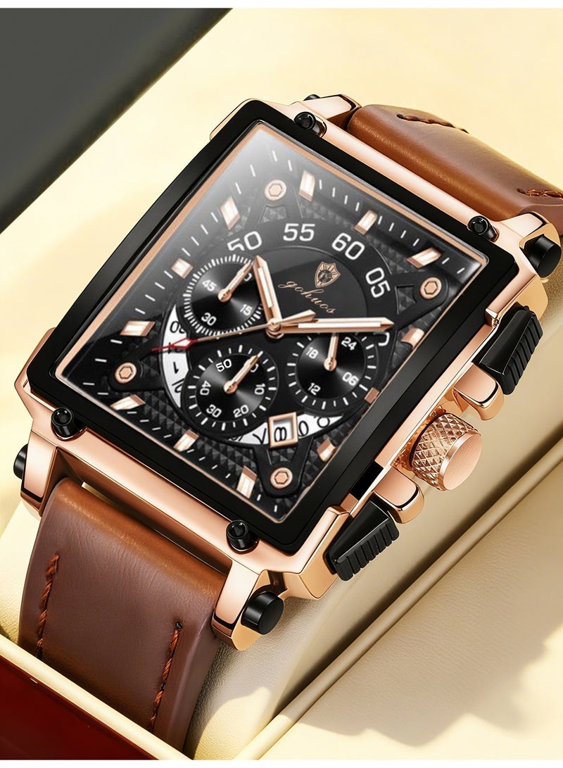 GOHUOS Square Watches for Men Leather Strap Chronograph Fashion Business Watch Luminous Waterproof Casual Wrist Watches - Image 3