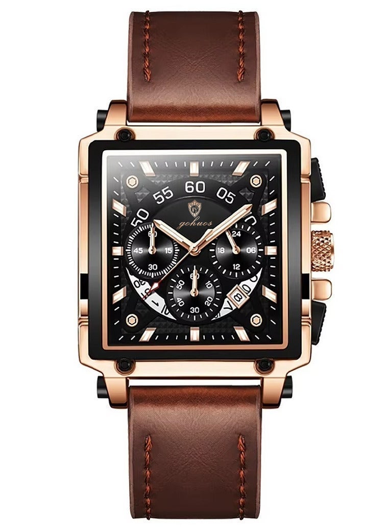 GOHUOS Square Watches for Men, Top Brand Luxury Leather Strap Chronograph Fashion Business Luminous Waterproof Casual Wrist Watches - 42mm - Eid Ramadan Gift - Image 3