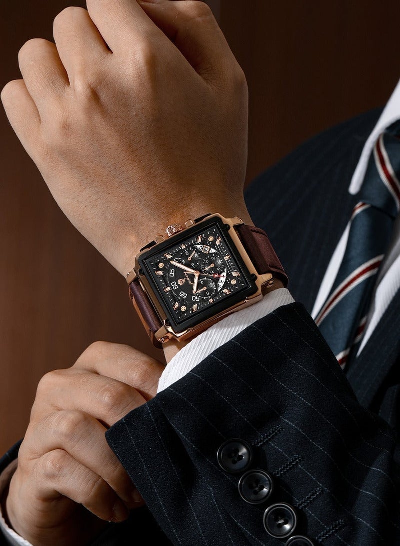 GOHUOS Square Watches for Men, Top Brand Luxury Leather Strap Chronograph Fashion Business Luminous Waterproof Casual Wrist Watches - 42mm - Eid Ramadan Gift - Image 2