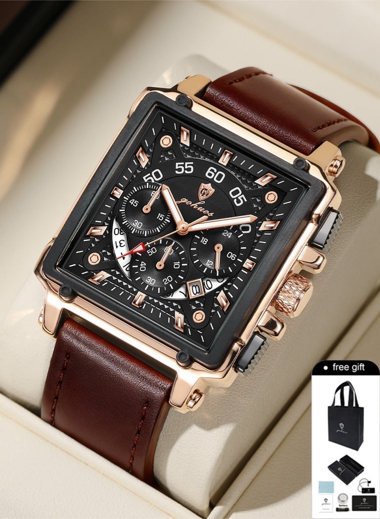 GOHUOS Square Watches for Men, Top Brand Luxury Leather Strap Chronograph Fashion Business Luminous Waterproof Casual Wrist Watches - 42mm - Eid Ramadan Gift - Image 1