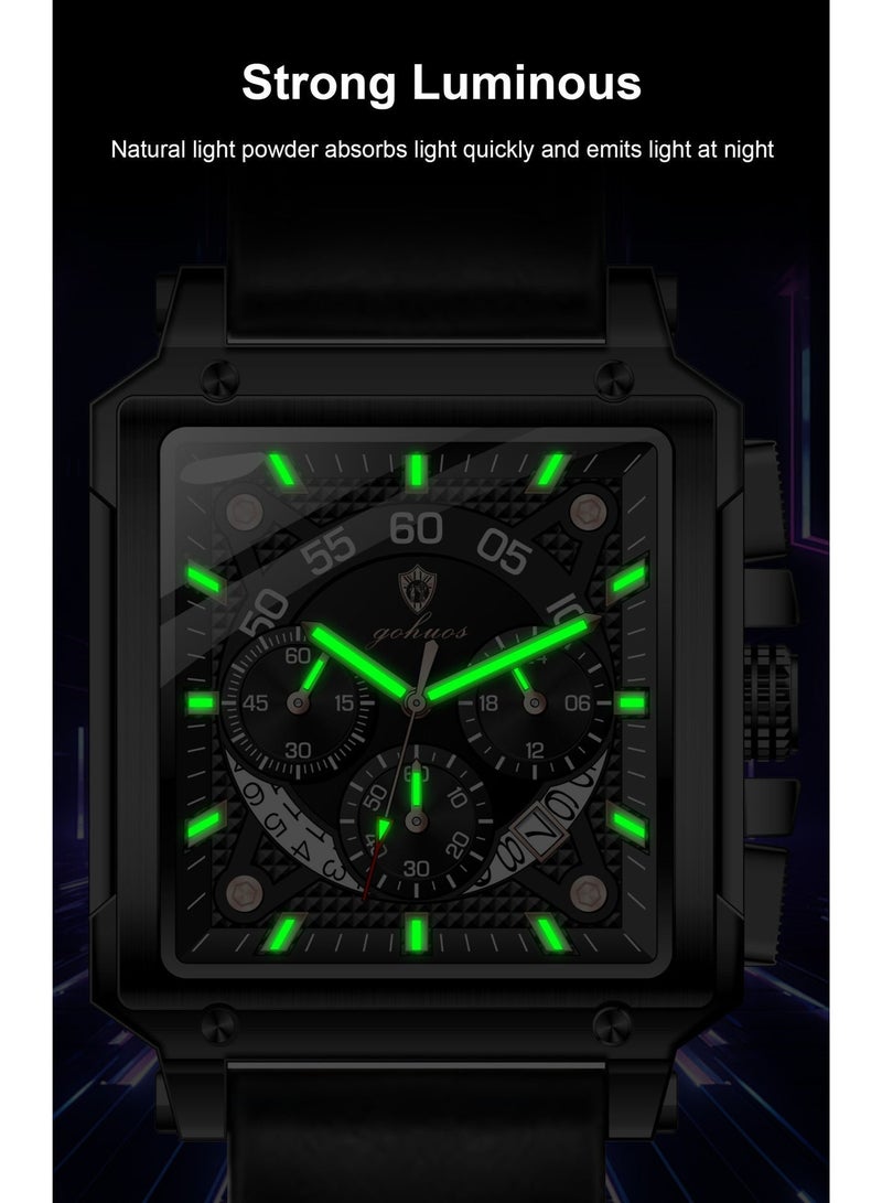 GOHUOS Square Watches for Men, Top Brand Luxury Leather Strap Chronograph Fashion Business Luminous Waterproof Casual Wrist Watches - 42mm - Eid Ramadan Gift - Image 5