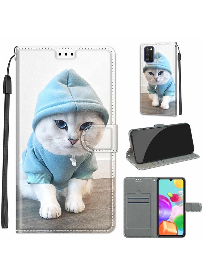 Case Cover For Samsung Galaxy A41 EU Version Voltage Colored Drawing Magnetic Clasp Horizontal Flip PU Leather Case with Holder & Card Slots C15 Blue Sweater White Cat