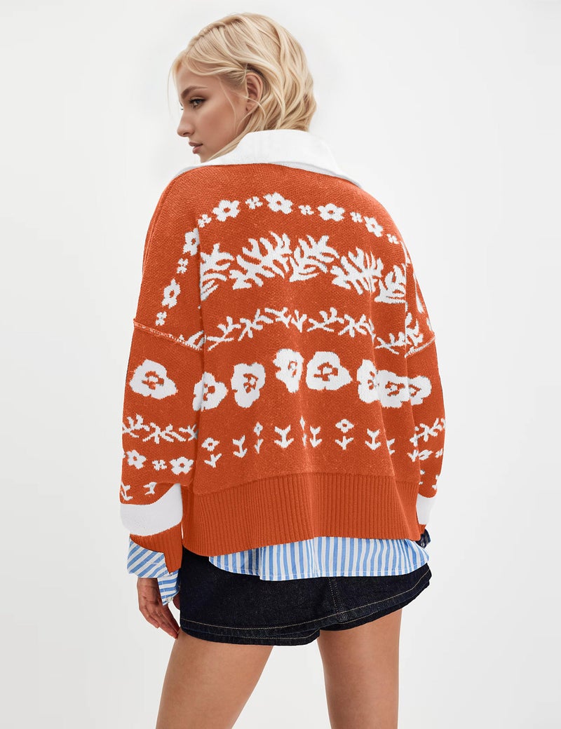 MISSACTIVER Floral Print Button Down Cardigan Sweaters for Women Long Sleeve V Neck Open Front Knit Crop Tops Fall Jacket Orange - Image 3