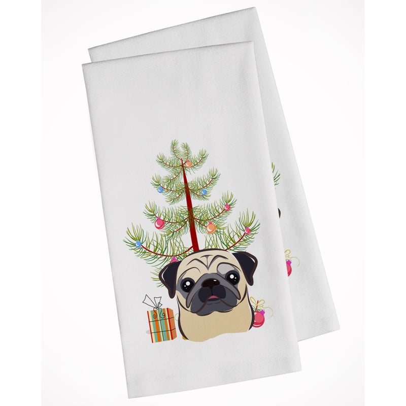 Caroline's Treasures Christmas Tree and Fawn Pug White Kitchen Towel Set of 2