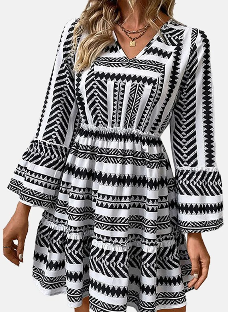 يونيكي Black Basic Printed V Neck Long Sleeve Dress