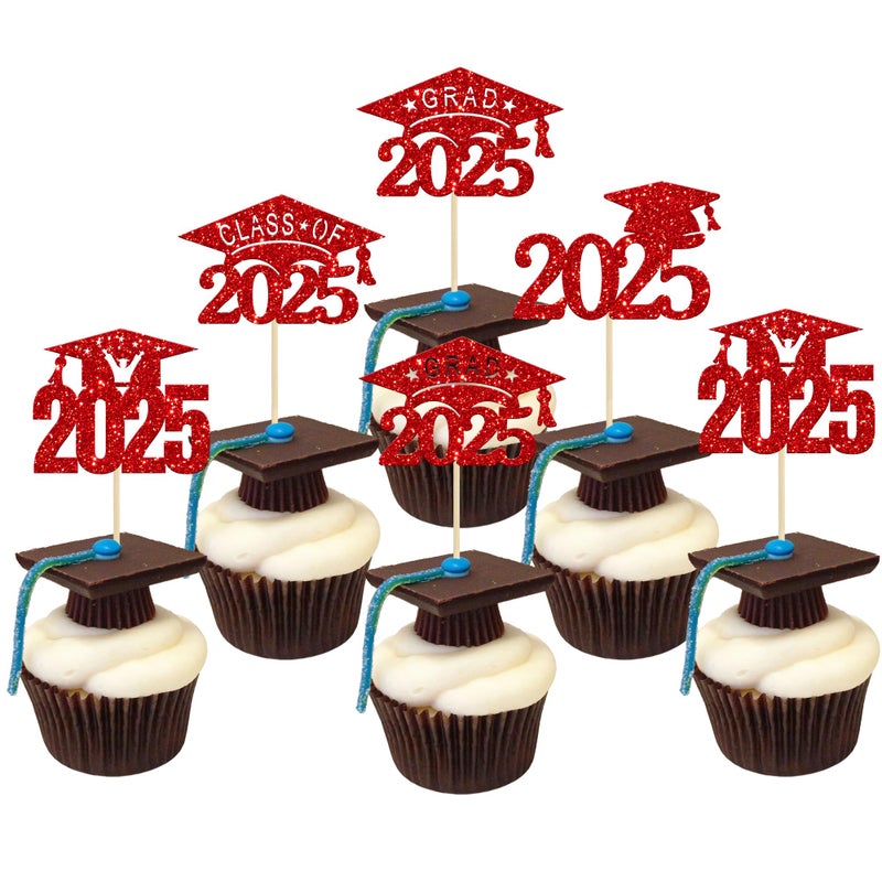 Ephlyn 24 PCS 2025 Graduation Cap Cupcake Toppers Glitter Glitter Class of 2025 Grad Cap Cupake Picks Decorations for 2025 Graduation Theme Party Supplies Red - Image 1