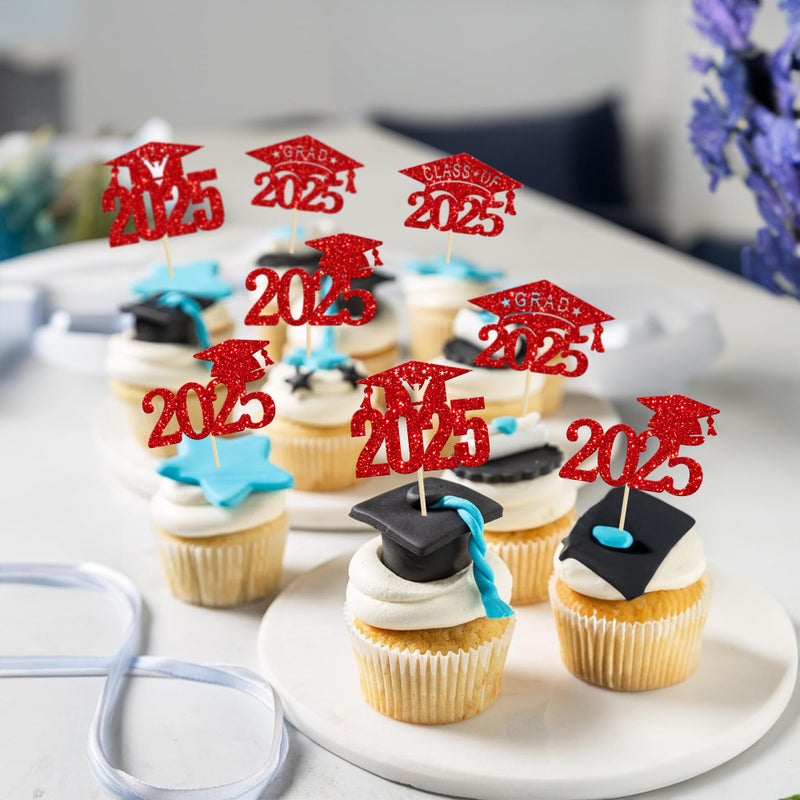 Ephlyn 24 PCS 2025 Graduation Cap Cupcake Toppers Glitter Glitter Class of 2025 Grad Cap Cupake Picks Decorations for 2025 Graduation Theme Party Supplies Red - Image 4