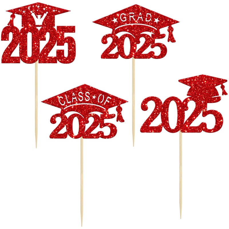 Ephlyn 24 PCS 2025 Graduation Cap Cupcake Toppers Glitter Glitter Class of 2025 Grad Cap Cupake Picks Decorations for 2025 Graduation Theme Party Supplies Red - Image 3
