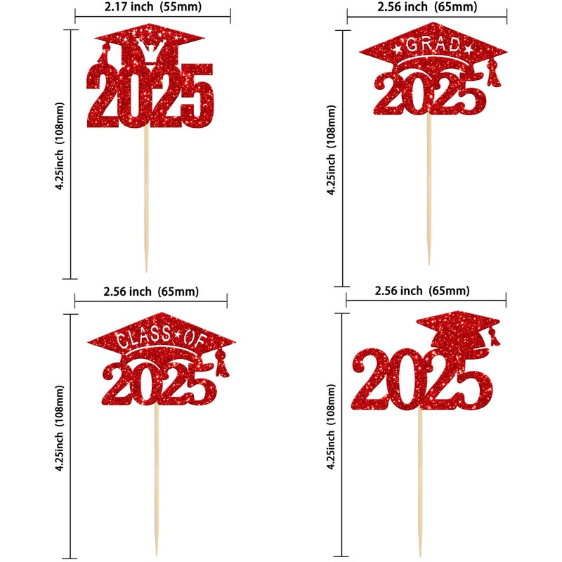 Ephlyn 24 PCS 2025 Graduation Cap Cupcake Toppers Glitter Glitter Class of 2025 Grad Cap Cupake Picks Decorations for 2025 Graduation Theme Party Supplies Red - Image 2
