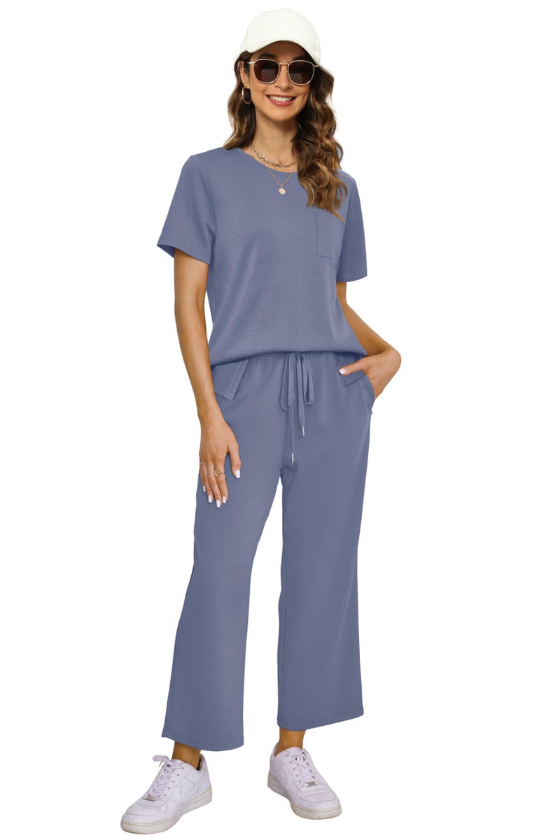 OFEEFAN Travel Outfits for Women Casual Summer 2 Piece Lounge Set Spring Trendy Short Sleeve Tracksuit Wide Leg Loungewear Beach Vacation Clothes Airport Clothing Women's Jumpsuit Blue L - Image 4