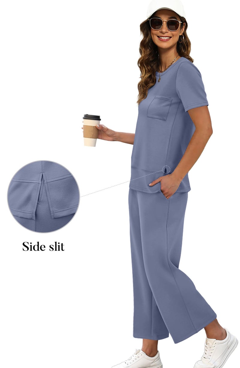 OFEEFAN Travel Outfits for Women Casual Summer 2 Piece Lounge Set Spring Trendy Short Sleeve Tracksuit Wide Leg Loungewear Beach Vacation Clothes Airport Clothing Women's Jumpsuit Blue L - Image 3