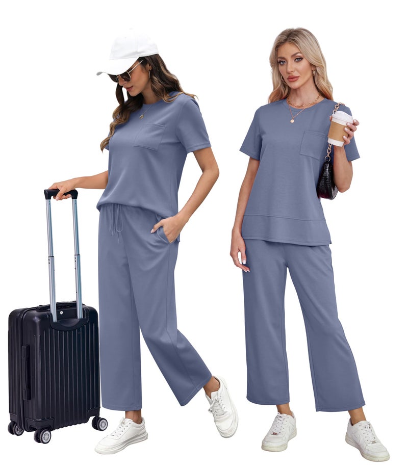 OFEEFAN Travel Outfits for Women Casual Summer 2 Piece Lounge Set Spring Trendy Short Sleeve Tracksuit Wide Leg Loungewear Beach Vacation Clothes Airport Clothing Women's Jumpsuit Blue L - Image 5