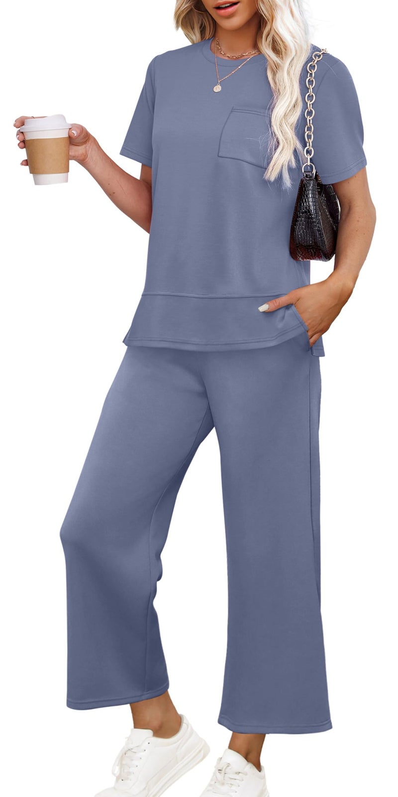 OFEEFAN Travel Outfits for Women Casual Summer 2 Piece Lounge Set Spring Trendy Short Sleeve Tracksuit Wide Leg Loungewear Beach Vacation Clothes Airport Clothing Women's Jumpsuit Blue L - Image 1