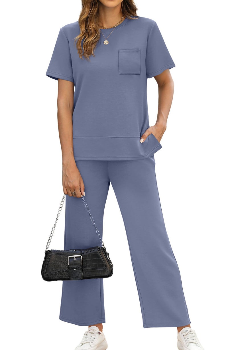 OFEEFAN Travel Outfits for Women Casual Summer 2 Piece Lounge Set Spring Trendy Short Sleeve Tracksuit Wide Leg Loungewear Beach Vacation Clothes Airport Clothing Women's Jumpsuit Blue L - Image 2