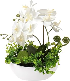 Briful Orchids Artificial Flowers 14" Large Fake Orchid White Phalaenopsis Orchid Flower Arrangements with Ceramic Vase - Image 1