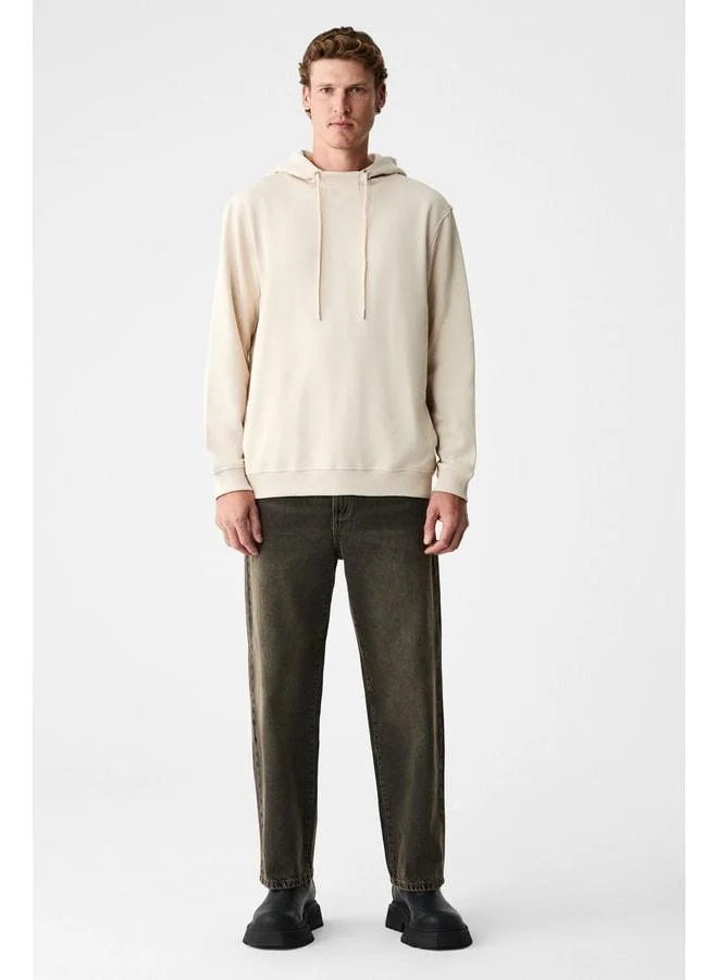 GRIMELANGE ALESSO Men's 100% Cotton Hooded Cord Detail Oversized Fit Beige Sweatshirt.
