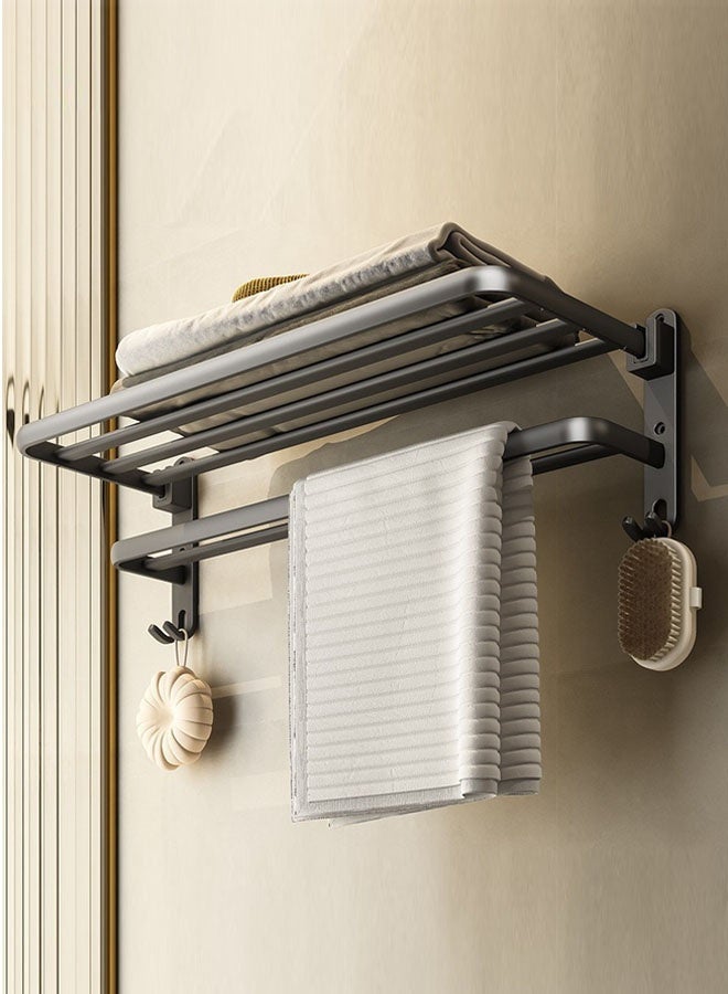 كوزينيست رف مناشف جداري مع رف قابل للطي، حمالتان للمناشف، تركيب بدون حفر أو بالبراغي، مقاوم للماء والصدأ، منظم مناشف من الألمنيوم للحمام أو المطبخ أو الشرفة أسود، 40 سم - Image 5