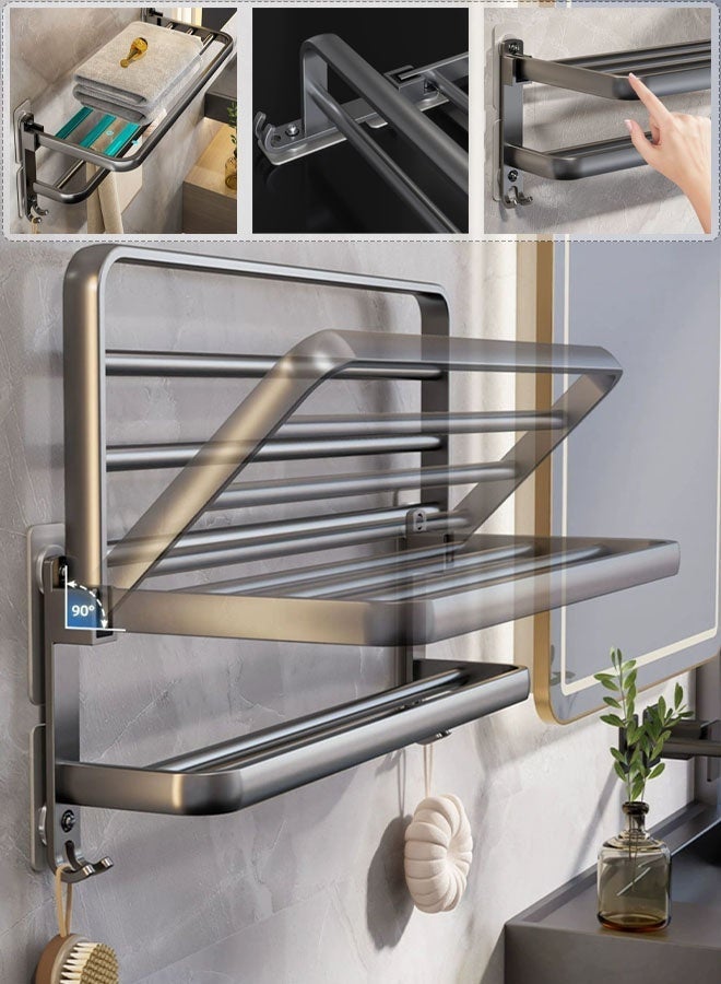 كوزينيست رف مناشف جداري مع رف قابل للطي، حمالتان للمناشف، تركيب بدون حفر أو بالبراغي، مقاوم للماء والصدأ، منظم مناشف من الألمنيوم للحمام أو المطبخ أو الشرفة أسود، 40 سم - Image 3