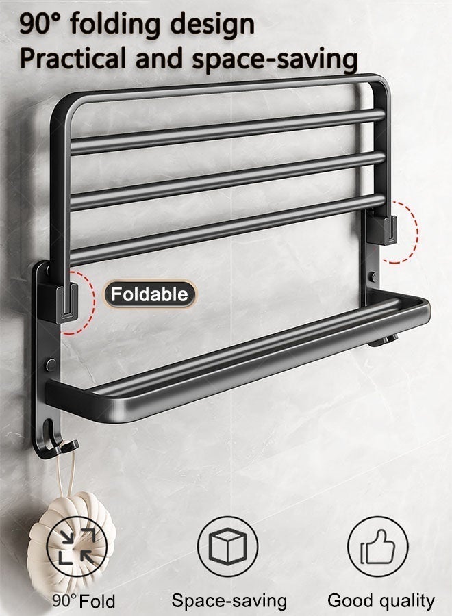 كوزينيست رف مناشف جداري مع رف قابل للطي، حمالتان للمناشف، تركيب بدون حفر أو بالبراغي، مقاوم للماء والصدأ، منظم مناشف من الألمنيوم للحمام أو المطبخ أو الشرفة أسود، 40 سم - Image 2