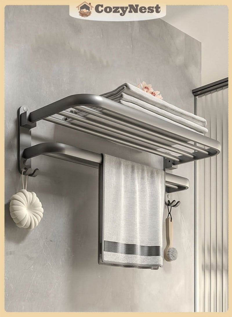 كوزينيست رف مناشف جداري مع رف قابل للطي، حمالتان للمناشف، تركيب بدون حفر أو بالبراغي، مقاوم للماء والصدأ، منظم مناشف من الألمنيوم للحمام أو المطبخ أو الشرفة أسود، 40 سم - Image 1