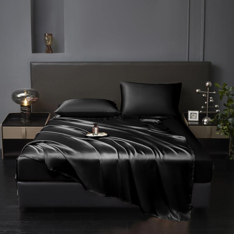 Revdomfly 4 Pcs Full Size Luxury Silky Soft Black Satin Sheet Set1 Premium Moisture Wicking Fitted Sheet Fits Up to 16 Inches Deep Pocket 1 Flat Sheet 2 PillowcasesBlack Full