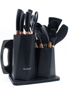 19 Pieces Cooking Utensils Set, Kitchen Knife Set, Includes Tongs, Spoon, Spatula and Turner,  Heat Resistant, Food Grade, Silicone and Wooden Handles, Non Stick Kitchen Knife Sets and Cutlery
