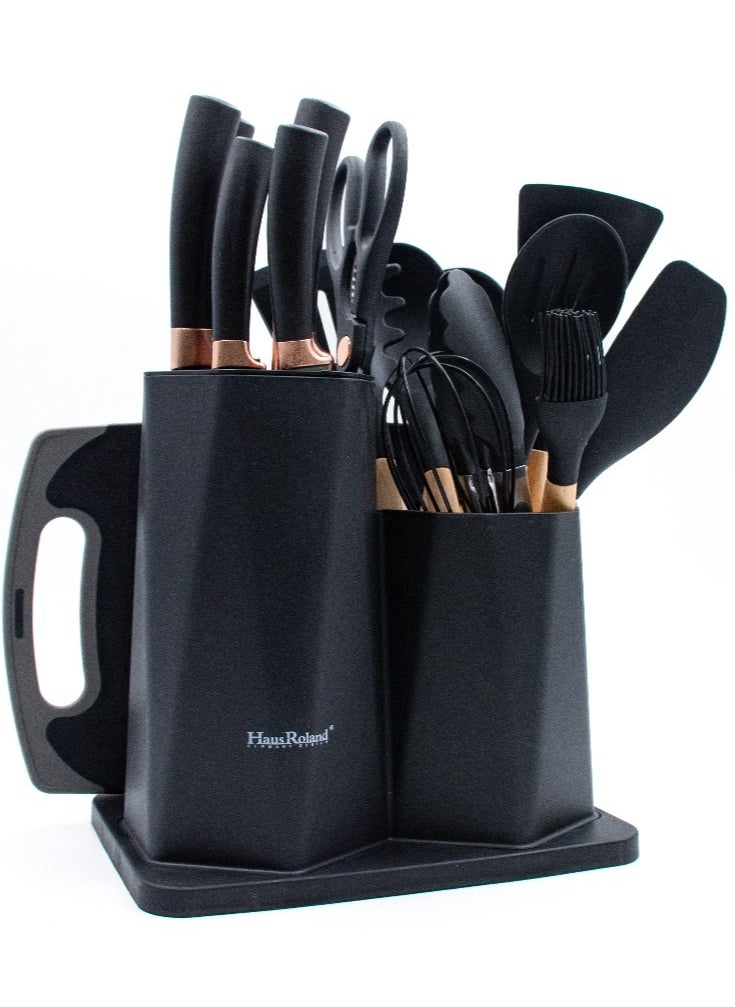 HausRoland - 19 Pieces Cooking Utensils Set, Kitchen Knife Set, Includes Tongs, Spoon, Spatula and Turner,  Heat Resistant, Food Grade, Silicone and Wooden Handles, Non Stick Kitchen Knife Sets and Cutlery - Image 1