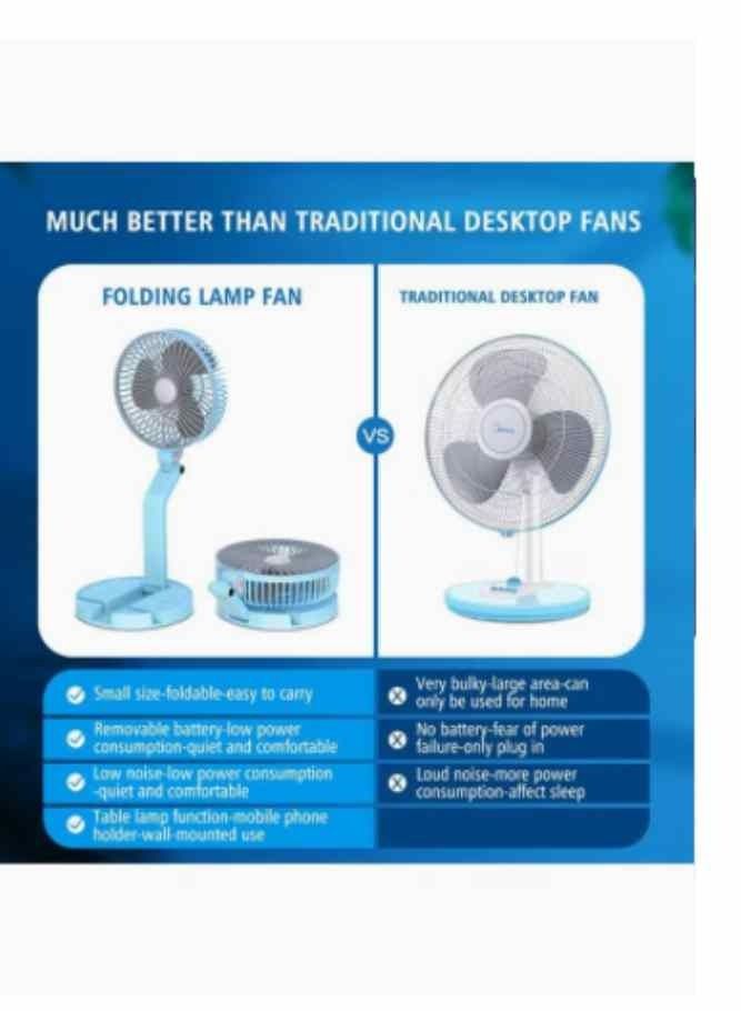 Desk Fan with Light, Foldable and Adjustable 3 IN 1 Table Fan With Light and Mobile Phone Holder, Combo Rechargeable Battery Powered, USB Folding Fan 3 Speeds 3 Light Brightness BLUE