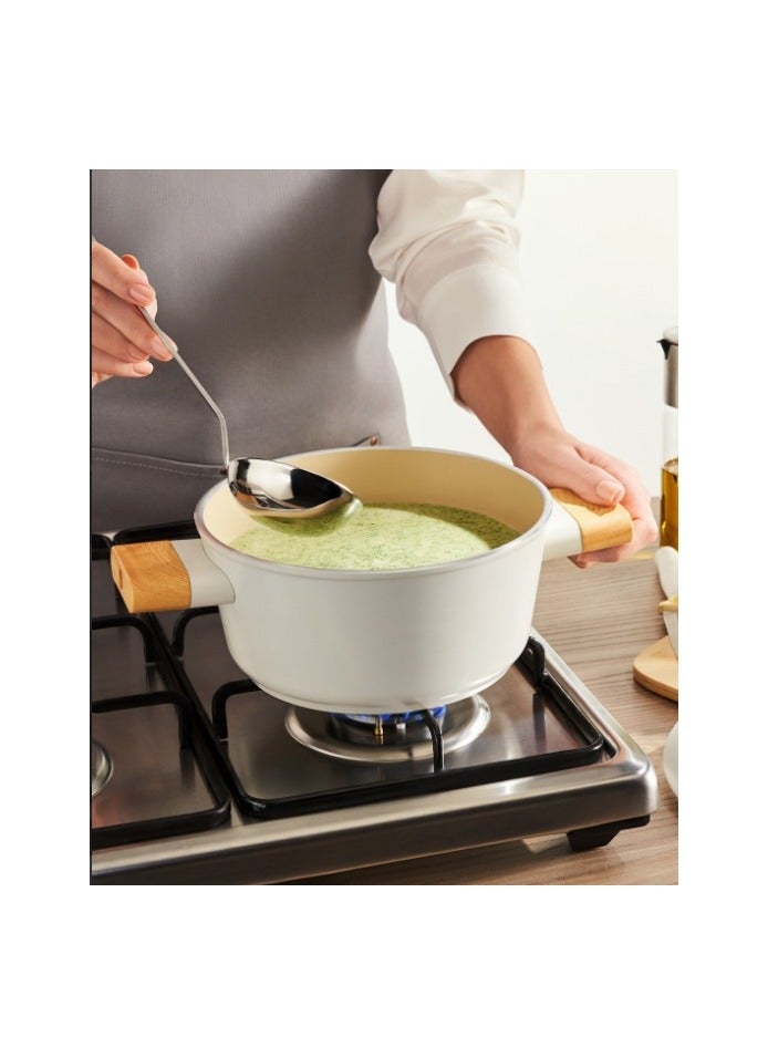 Homemaker Swiss Crystal High Quality Ceramic Coating Non-Stick Casserole - 22cm- Glass Lid With Protective Silicon Edge - Natural Wood Handles and Knob - Beige  - Image 2