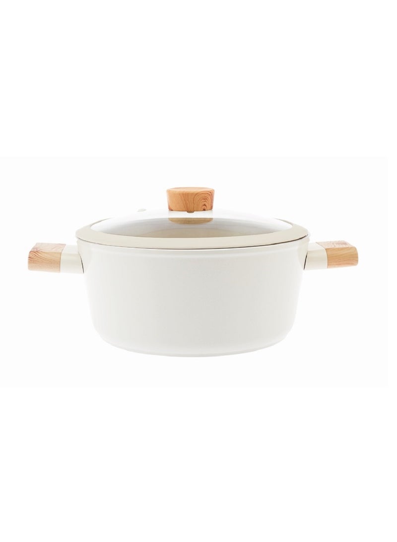 Homemaker Swiss Crystal High Quality Ceramic Coating Non-Stick Casserole - 22cm- Glass Lid With Protective Silicon Edge - Natural Wood Handles and Knob - Beige  - Image 1