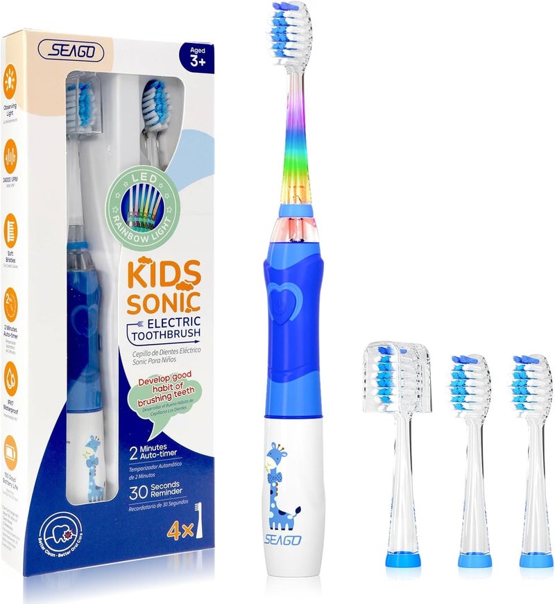 Seago Kids Electric Toothbrush with 2 Mins Brushing Timer and 4 Replacement Bursh Heads, Rainbow LED Light Make Brushing Fun, Green Color Boys Battery Powerd Toothbrush for 4-12 Years Old，SG-977 - Image 1