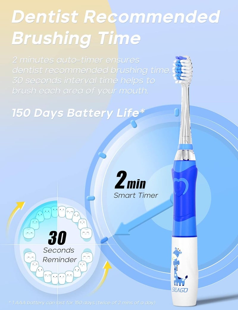 Seago Kids Electric Toothbrush with 2 Mins Brushing Timer and 4 Replacement Bursh Heads, Rainbow LED Light Make Brushing Fun, Green Color Boys Battery Powerd Toothbrush for 4-12 Years Old，SG-977 - Image 4